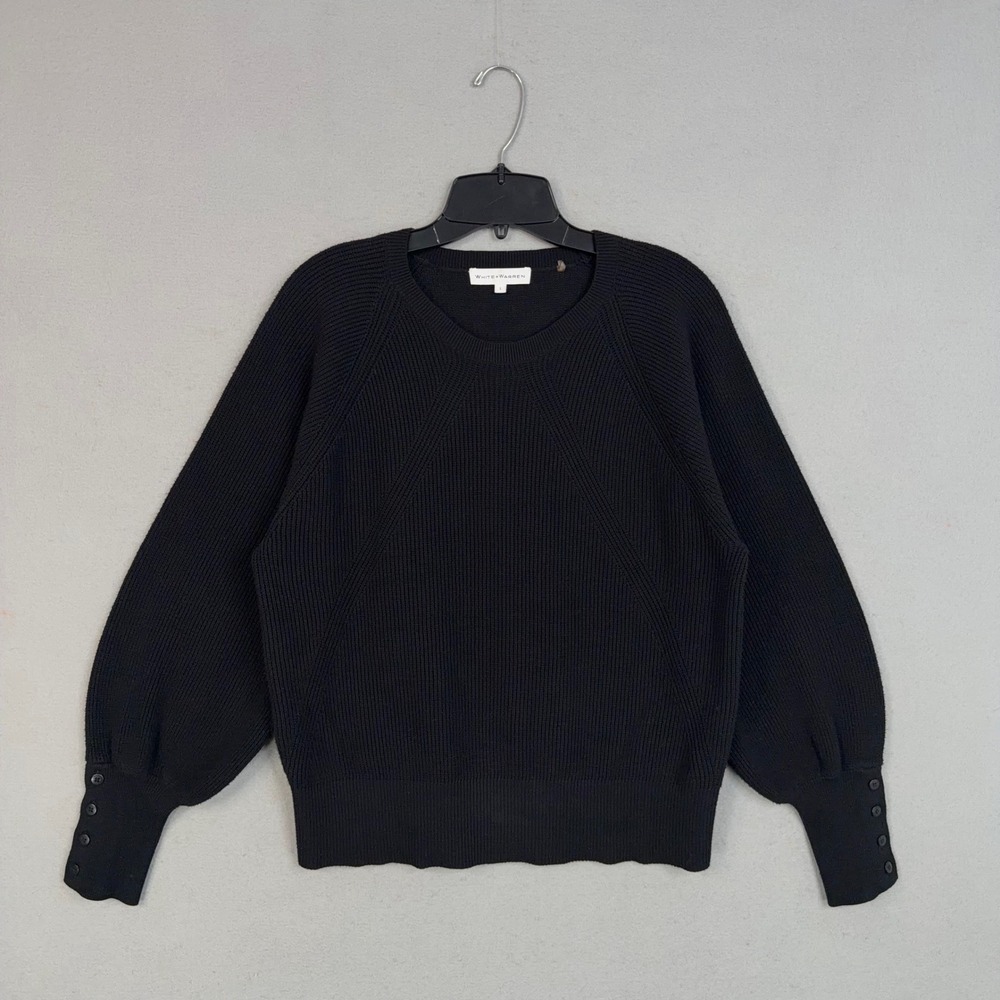 White + Warren Sweater Womens Large Black Shaker Knit Button Cuff Balloon Sleeve